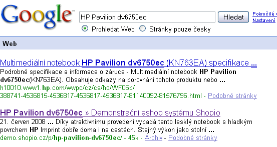 HP Pavilion dv6750ec v vyhledávači Google.com